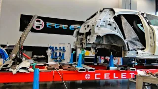 Reparation de carrosserie structurelle Mercedes AMG A45 sur banc Celette avec des montages dedies