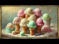 Sweet Summer Ice Cream Oil Painting TV Screensaver 4K Antique Gold Wood Frame TV Art 2 Hrs