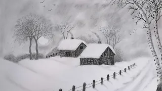 رسم منظر ثلج رسم طبيعية ريفية ثلجية في فصل الشتاء تعليم الرسم Winter Snowfall Scenery Drawing 
