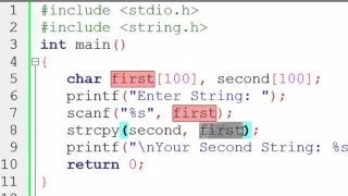 Copy first string onto second string using strcpy function