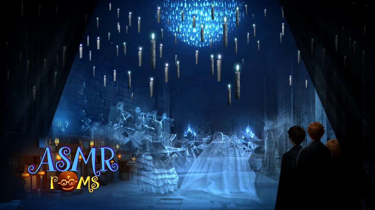 Transparent ghosts dancing beneath floating blue candles