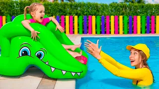 Maya, Mary y Mia aprenden a nadar con flotadores | seguridad en la piscina