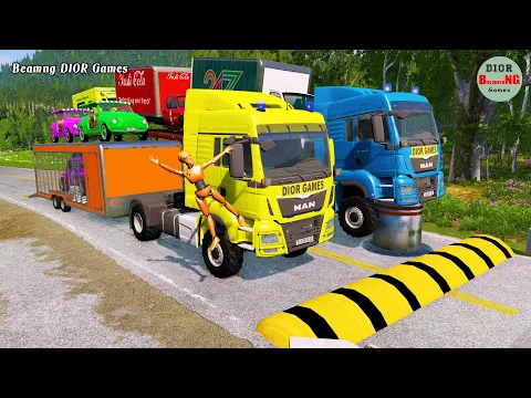 Download MP3 Double Flatbed Trailer Truck vs speed bumps|Busses vs speed bumps|Beamng Drive|389