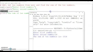 class XI Finding sum of two numbers Input function in python