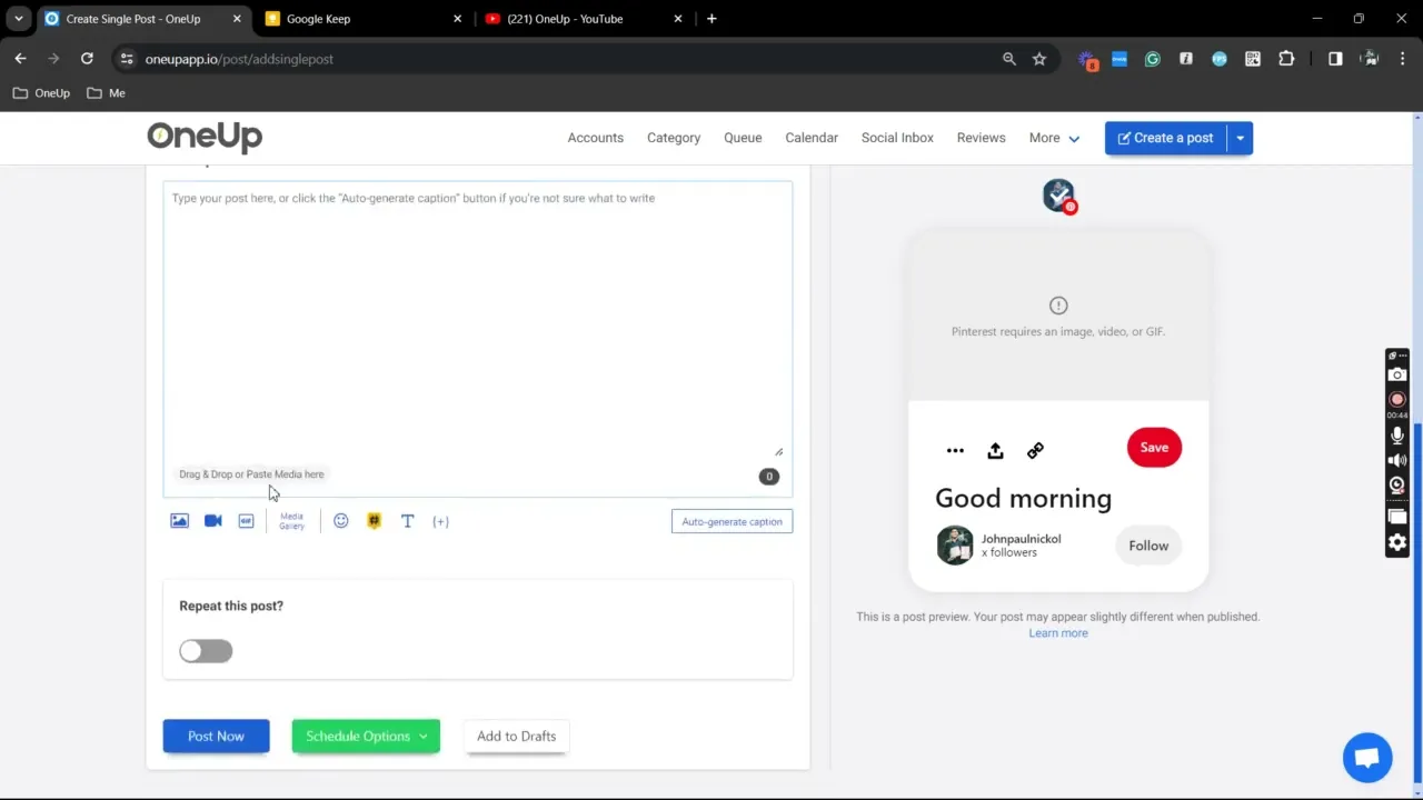 Schedule Pinterest posts with OneUp