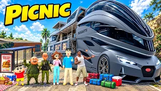 Franklin & Shinchan and His Friends New Luxury Bus Picnic Trip in GTA 5 | Dhanu Dino Telugu