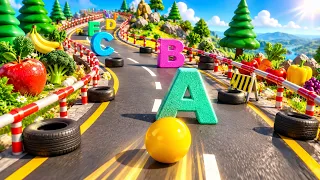 🍎🔤 Bowling Ball Smashes Kinetic Sand on a Winding Road! Learn Alphabet, Fruits & Vegetables 🚗🎳