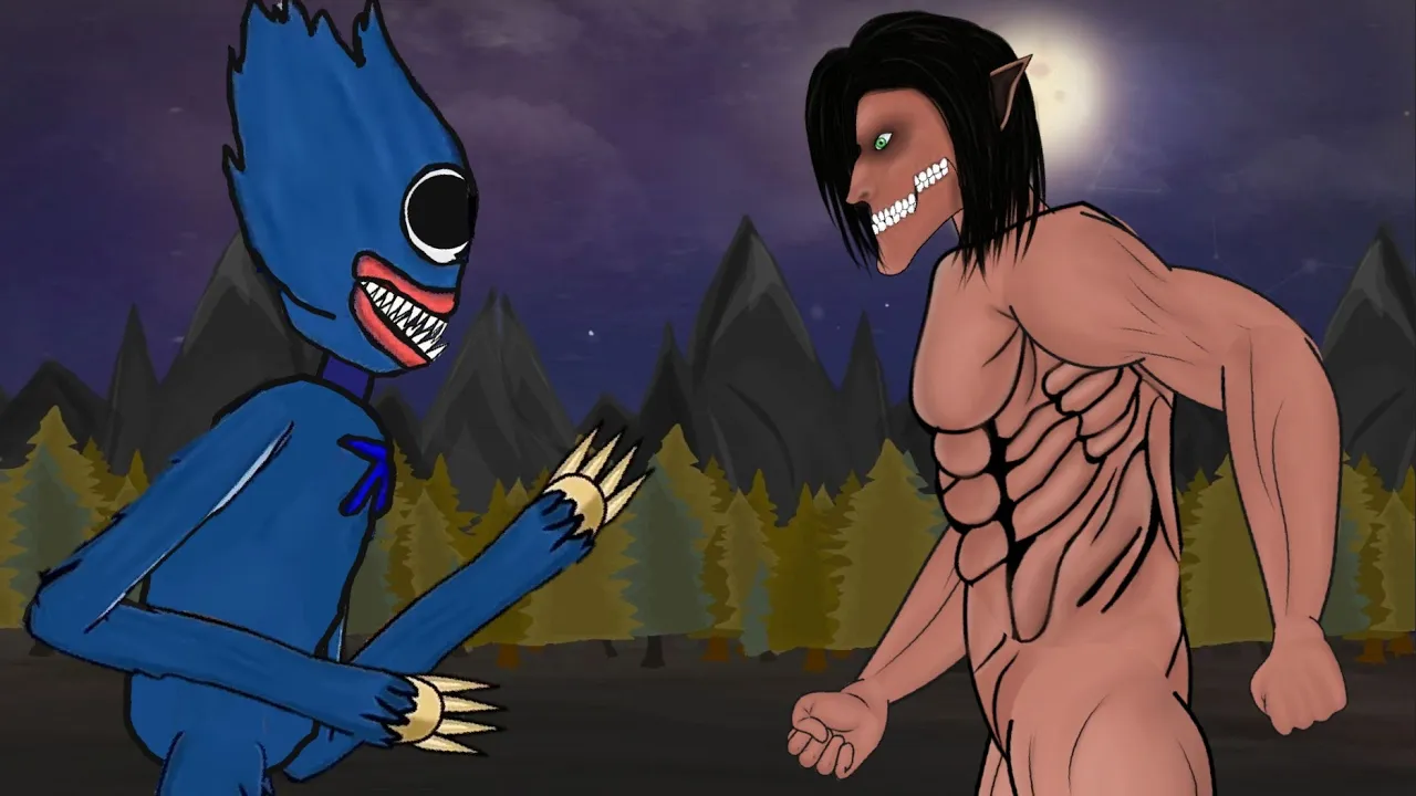 🔥 Huggy Wuggy vs Eren Titan drawing cartoons 2 (dc2) dv animations ploppy playtime min hp fn studio