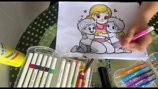 Hướng dẫn tô màu bức tranh gia đình 3 mẹ con phần 3