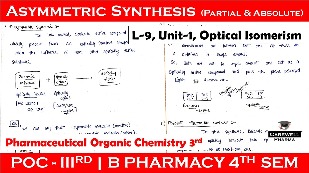 Asymmetric synthesis - Partial and Absolute || L-9, U-1 || POC-3rd || b pharmacy 4th sem || Carewell