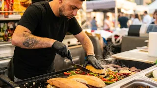 Italian Big Grill of Sausages, Beef, and Meat. Street Food Fair