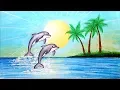 How to draw scenery of Dolphin in beach Step by step easy draw