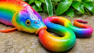 Catch beautiful aquarium fish in small pond baby turtles, 비단잉어, 메기, 장어, 악어, 알비노 비단뱀, 게, 개구리