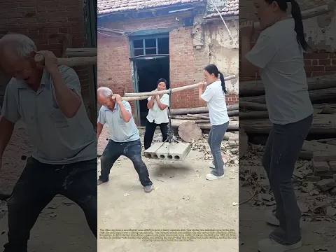 Three-Pole Carry: A Team Moves a Concrete Slab with Shoulder and Stick