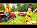 Download Lagu Firefighter crash rescue with kids power wheel fire truck. Educational vehicle entry | Kid Crew