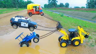 POLICE Car Big Tipper TVS Auto Rickshaw Massey Tractor Accident Muddy Roadway Pulling JCB ? CS Toy 