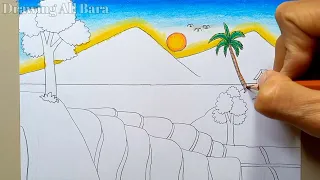 cara menggambar pemandangan gunung dan sawah yang mudah how to draw a mountain rice scene