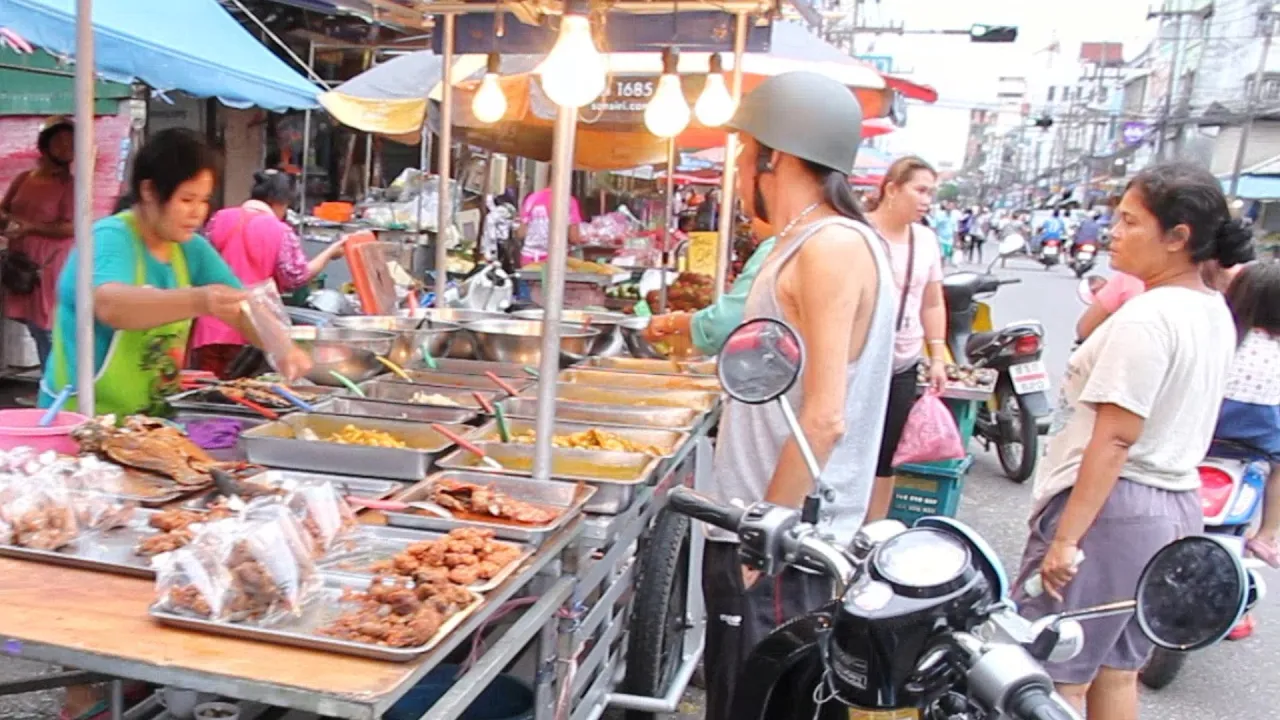 Street Food & Shopping at a Huge Street Market in Thailand. Thai Food Market in Hat Yai