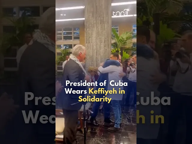 ⁣Cuban President Miguel Diaz-Canel wears the Palestinian Keffiyeh in solidarity with Palestine