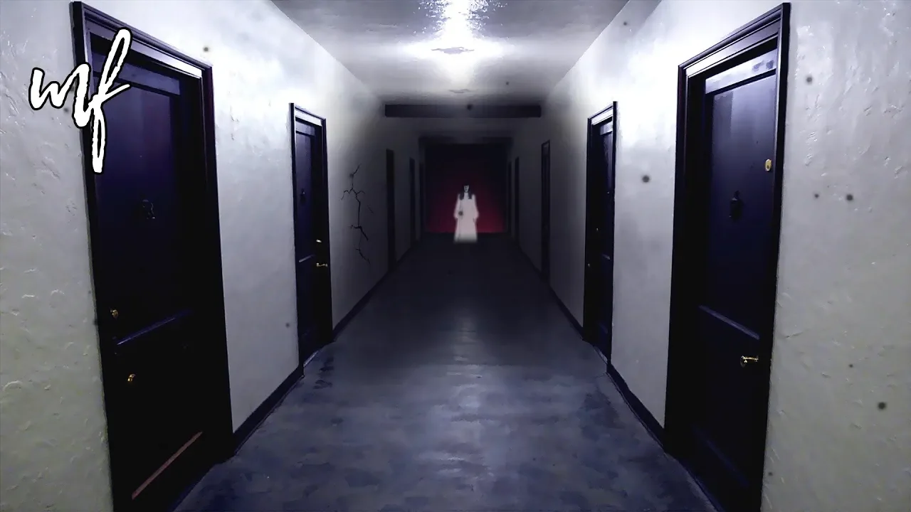 A pale figure at the far end of a long corridor lined with dark doors