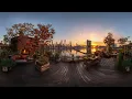 🔥360° VR Fireplace & Bird Sounds | Relaxing Waterfront Terrace & City Sunset 🌅