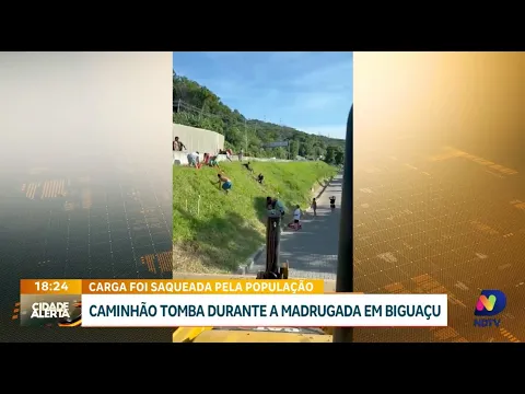 Acidente na BR-101 em Biguaçu: caminhão tomba e carga é saqueada por populares