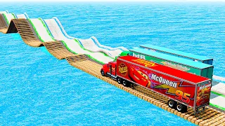 Mack Truck vs Chick Hicks Truck vs King Dinoco Truck vs Impossible Wave and Log Wave Bridge - BeamNG