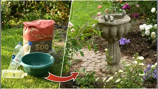 DIY hypertufa bird bath using plastic bottles