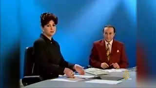 اول بدايه قناه الجزيره للإعلاميين فيصل القاسم و خديجه بنت قنا اول نشره اخباريه للقناه دندنها