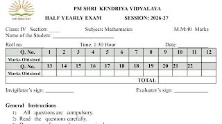 Class-4 Maths / Half Yearly Exam 2026-27 Question Paper Term-1 / Mid Term PM SHRI KVS