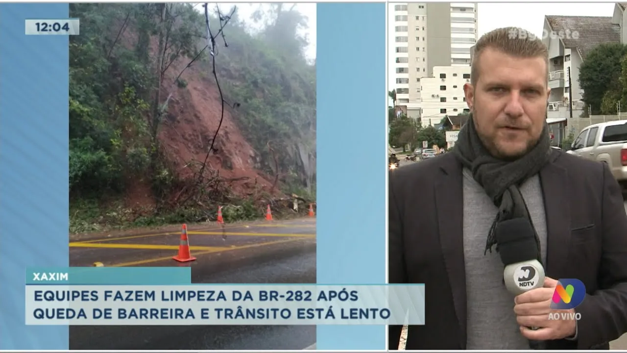 Queda de barreira na BR-282 deixa trânsito lento em Xaxim