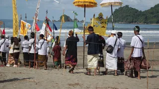 upacara melasti dan larung sesaji umat hindu blitar di pantai jolosutro