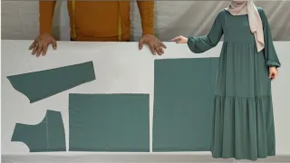 طريقة تفصيل وخياطة عباية طبقات للمحجبات Dress Cutting And Stitching Abaya تفصيل وخياطة فستان عباية 