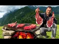 Download Lagu Roasting Juicy Beef Steaks on Hot Stones! Outdoors Cooking Alone in the Mountains