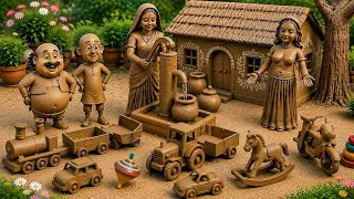 Primitive technique make handmade kitchen set with clay||miniature clay cookware set