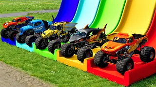 triple flatbed trailer monster trucks transport with slide color cars vs speed bump beamng drive