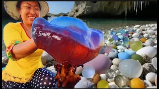 The earth is dry and cracked, and a large number of pearl shells appear. Pearl snails and scallops