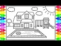 How to Draw a House with a Pool for Kids House with Pool Drawing and Coloring Pages for Kids