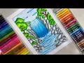 Beautiful Waterfall Coloring Sheet Oil Pastel Nature Landscape Art