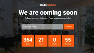Responsive Coming Soon Page Design using HTML CSS JavaScript Countdown Timer CoderRishad