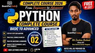 Python Complete Course 2026 Lecture 2 Variables and Data Types Hindi FREE BoardToCode
