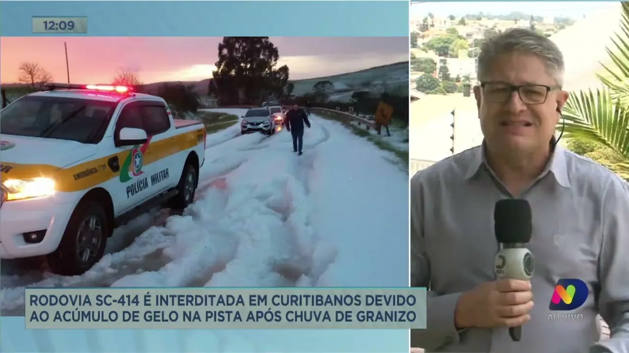 Rodovia SC-414 é interditada em Curitibanos por acúmulo de gelo na pista após chuva de granizo