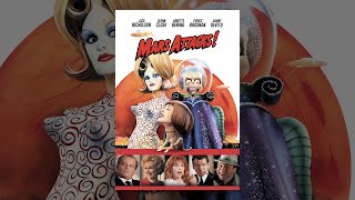 Jack Nicholson, Glenn Close, Annette Bening, Pierce Brosnan, and Danny DeVito under a Martian alien with large exposed brain in a helmet, from the movie Mars Attacks (1996) for the Mars Attacks! game.