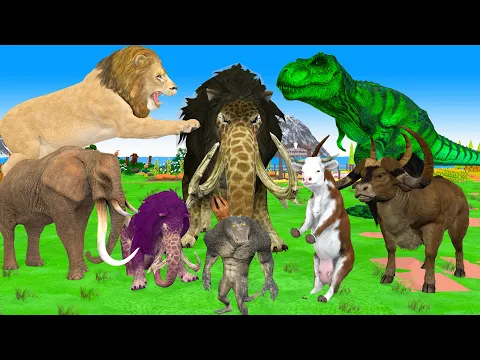 Download MP3 Giant Lion vs Monster Cow Mammoth Fight Dinosaur Attack Cow Cartoon Bull Baby Elephant Rescue