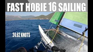 Fast and windy Hobie 16 multi cam with commentary and capsize!
