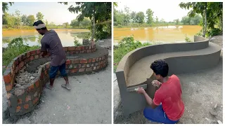 DIY Outdoor Bench With Bricks & Cement 😍 |  Amazing Cement Bench Makeover by the Pond 