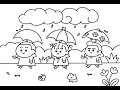 Children in rainy days coloring page Rainy Day Fun Drawing Cute Kids with Umbrella Easy Drawing
