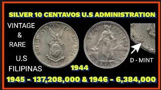 10 Centavos U S Administration Silver Rare and Vintage Coin U S Filipinas Budads XIII