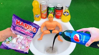 Experiment !! Stretch Armstrong VS Cola, Monster, Fanta, Sprite, Pepsi and Mentos in Toilet