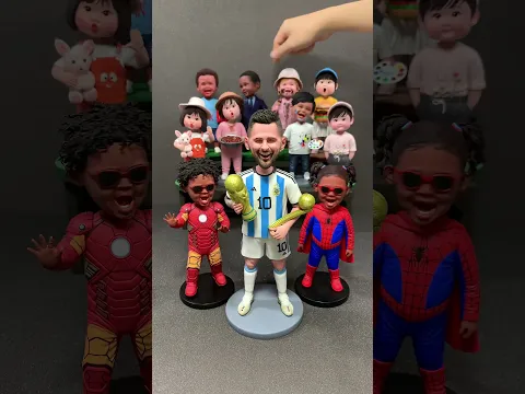 Messi leads handmade clay bobbleheads, all smiling and nodding together. #Messi